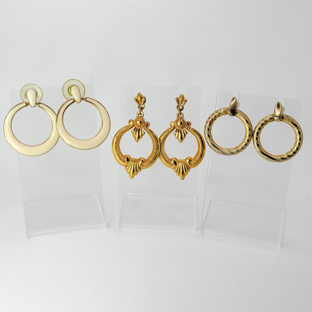 Vintage Gold Tone Door Knocker Hoop Earring Set Enamel Ornate Textured 3 Pairs